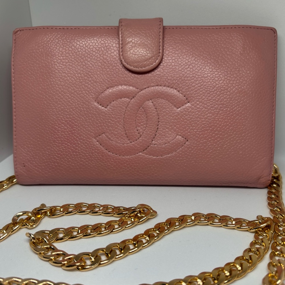 CHANEL Vintage Pink Caviar Timeless Wallet On Chain Authentic